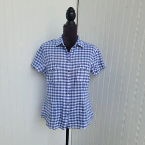 H&M LOGG Shirt Womens Blue White Button Up Plaid Shirt Short Sleeve Cotton Sz 14